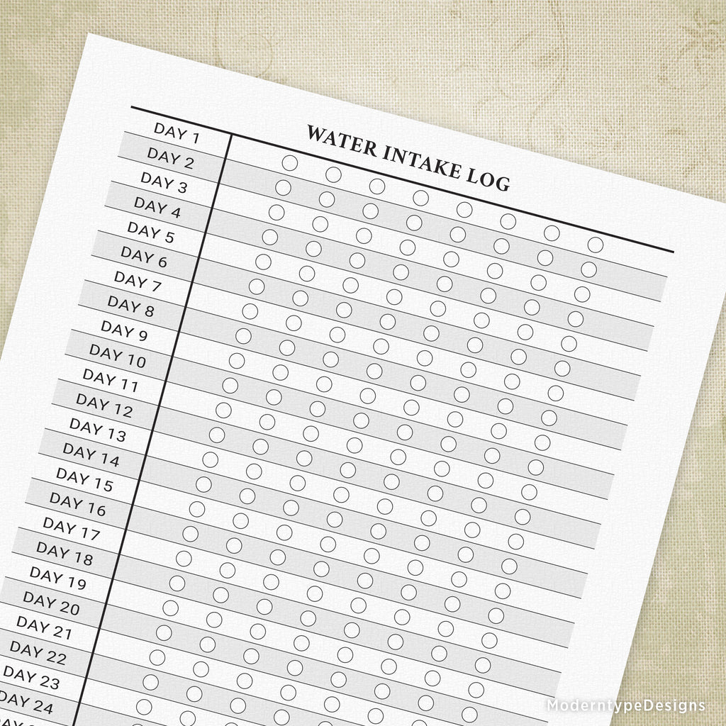 Water Intake Log Printable Moderntype Designs 0846