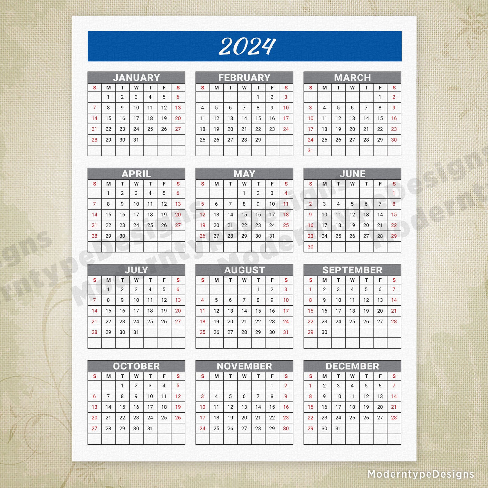 yearly printable calendar blue header with grid