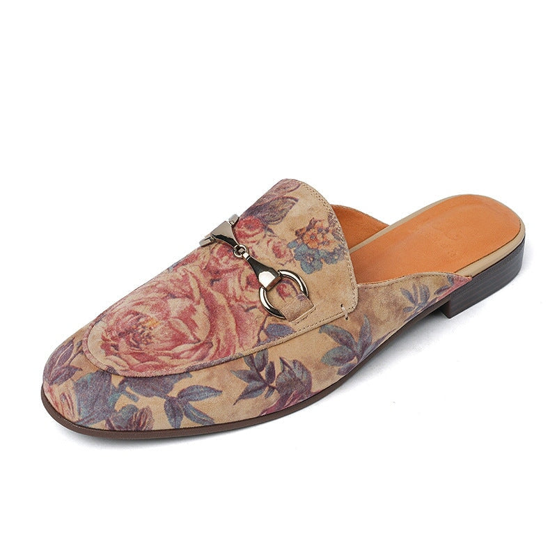 Women's Mules Rose Printing Leather Slippers in Apricot