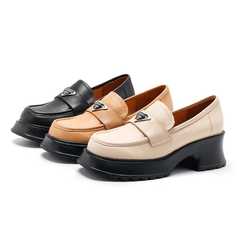 Round Toe 55mm Platform Leather Loafers for Women Metal Decoration in Brown/Black/White