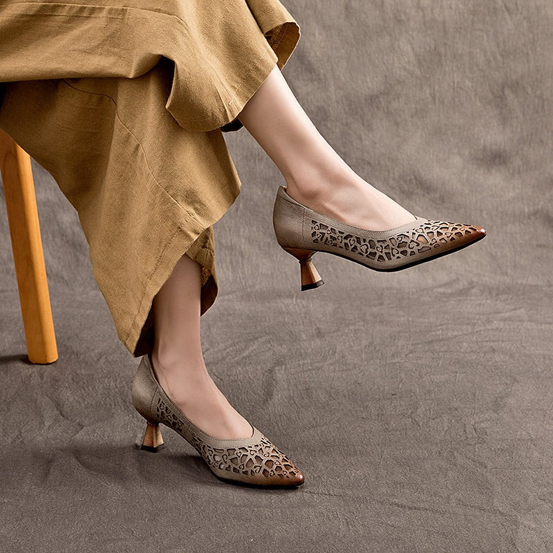 Retro Style Leather Point Toe Pumps For Women Block Heels in Gray