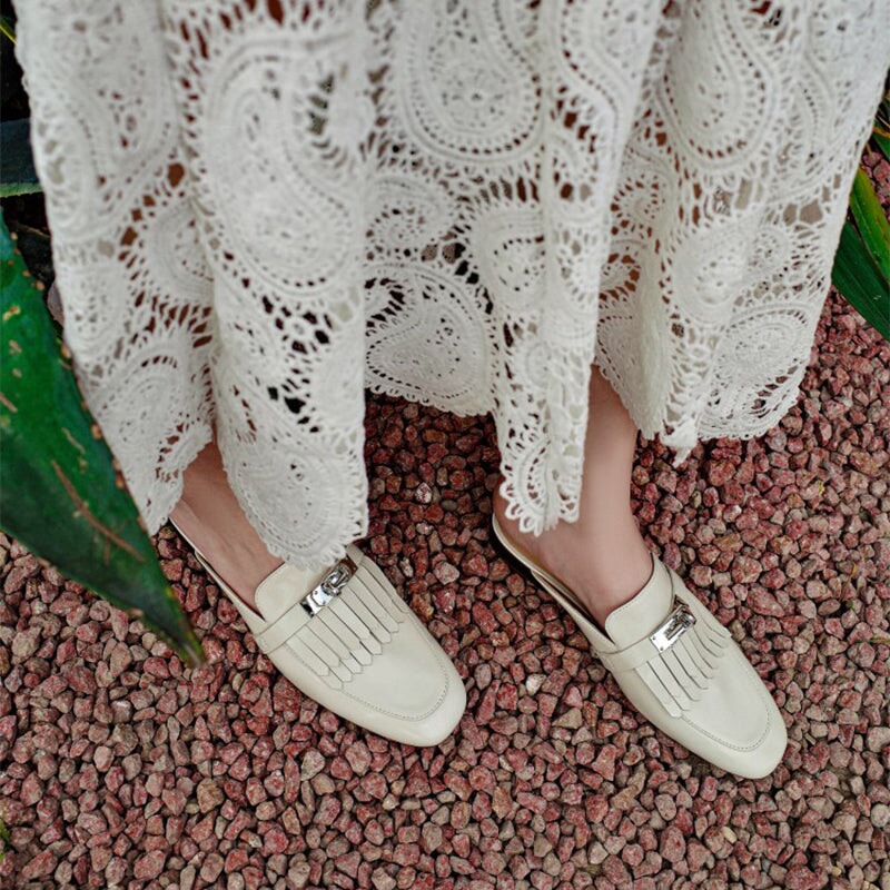 Sheepskin Mules with Tassel Summer Slippers Handmade in White/Black