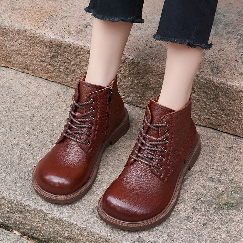 Wide Toes Handmade Genuine Leather Martin Boots Lace-Up Combat Boots Retro Chunky Ankle Boots