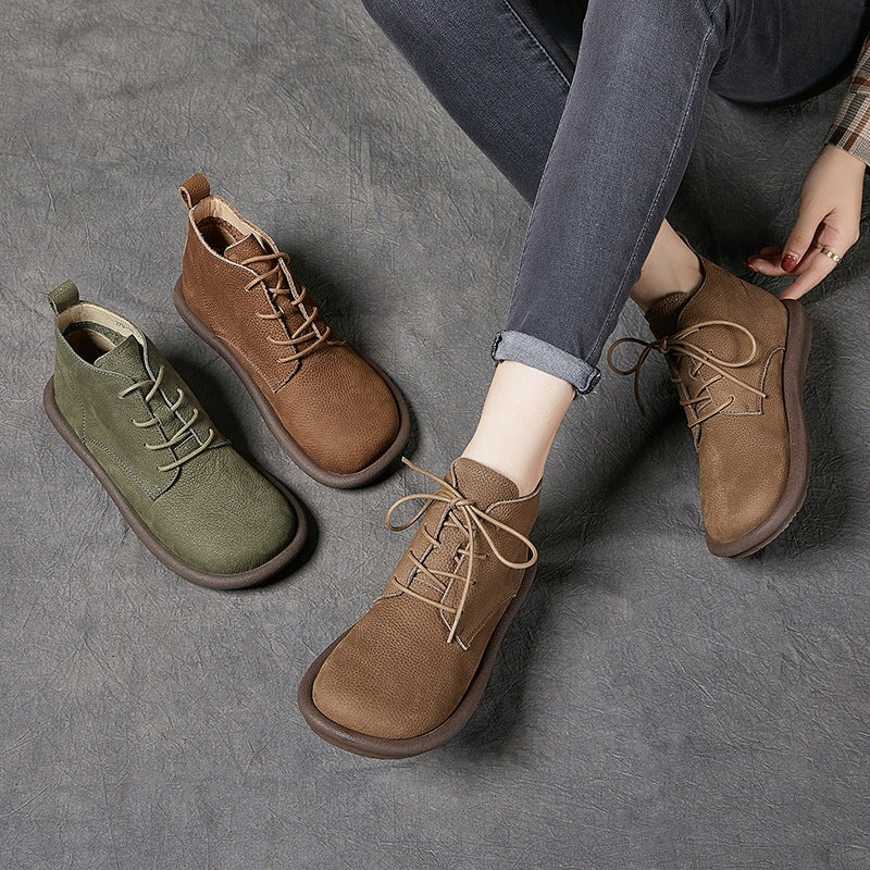 Handmade Leather Lace Up Ankle Boots For Women Soft Short Boots in Khaki/Coffee/Green