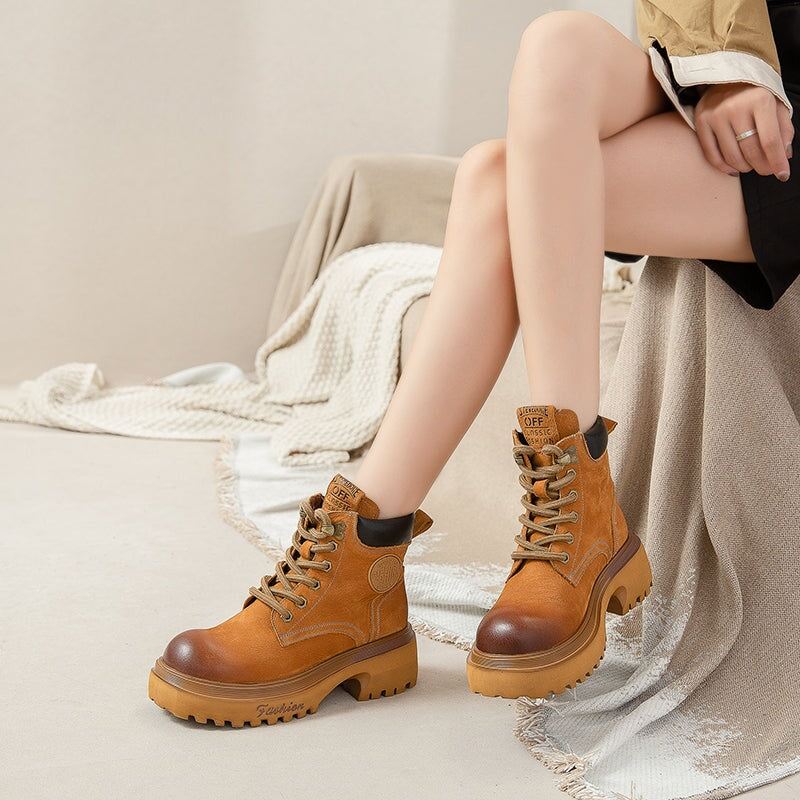 60mm Platform Boots Leather Martin Boots Designer Retro Chunky Riding Boots Yellow/Brown/Red