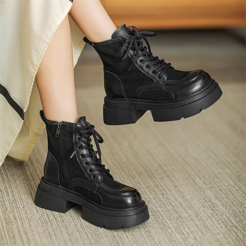 60mm Platform Boots Lace up Leather Martin Boots Handmade Square Toe Combat Boots in Yellow/Black/Khaki