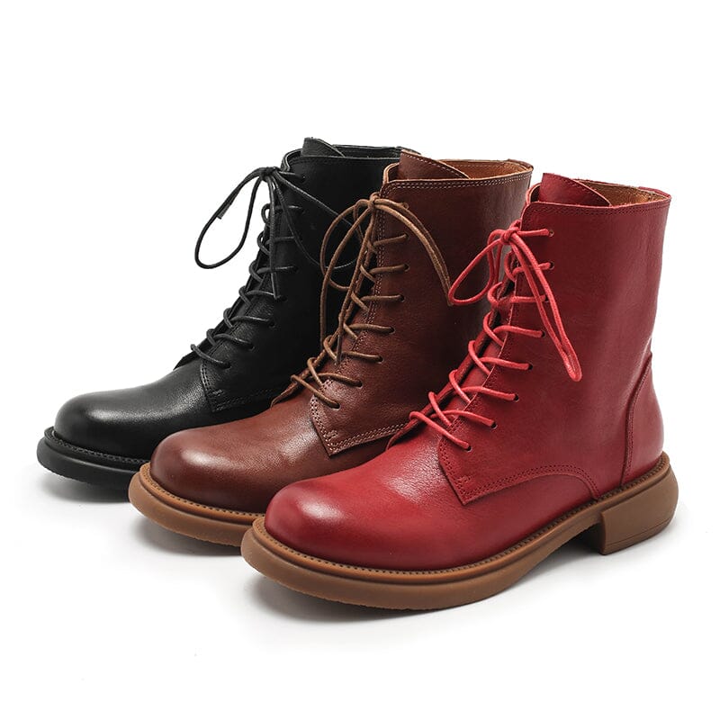 Handmade Genuine Leather Lace Up Derby Ankle Marching Boots Black/Coffee/Red