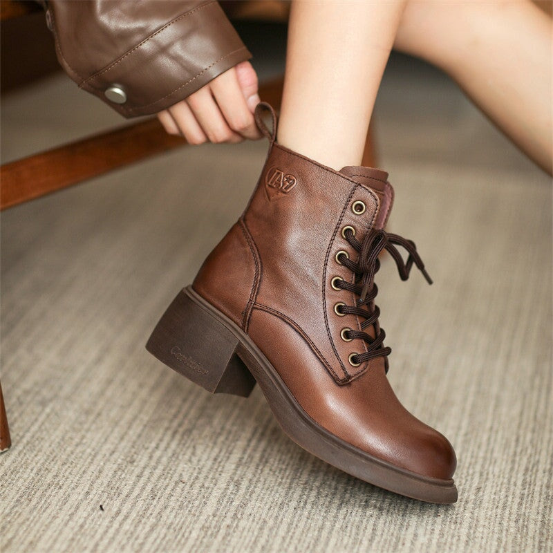 Genuine Leather Ankle Shoes Women Boots Zip Round Toe Concise Retro Ladies Boots