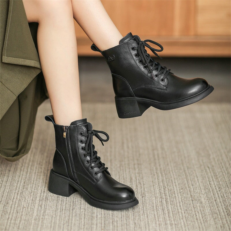 Genuine Leather Ankle Shoes Women Boots Zip Round Toe Concise Retro Ladies Boots