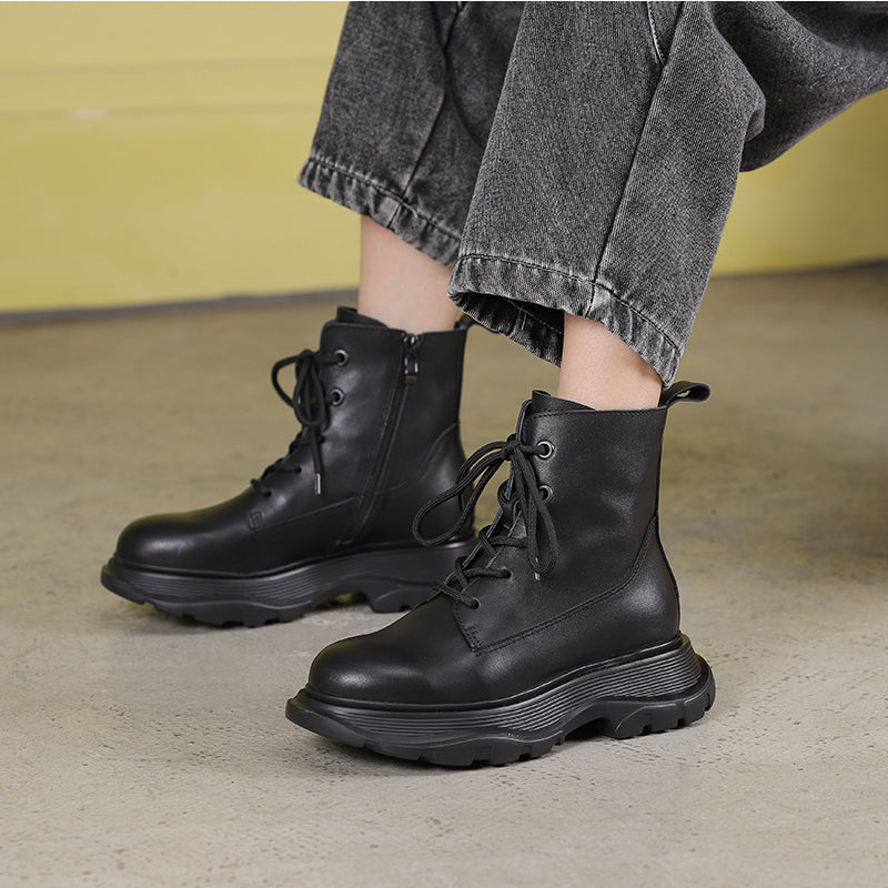 Winter Boots Handmade Genuine Leather Lace-Up Combat Boots Retro Chunky Martin Platform Boots Black/ Coffee