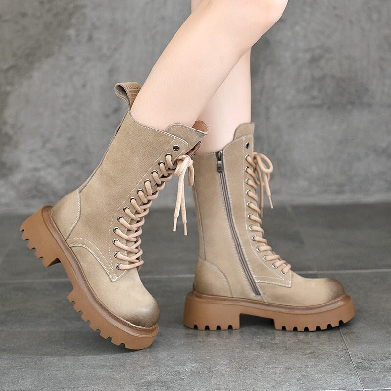 Women Biker Boots Lace-Up Combat Boots Retro Short Boots Handmade Genuine Leather Martin Boots