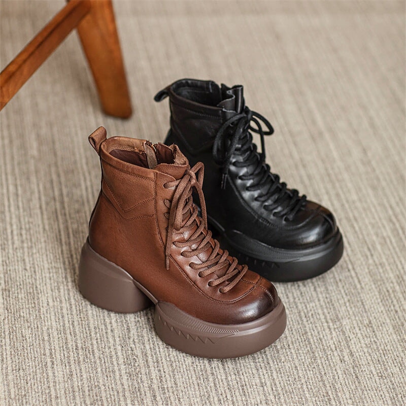 65mm Platform Boots Lace up Leather Martin Boots Handmade Combat Boots in Coffee/Black