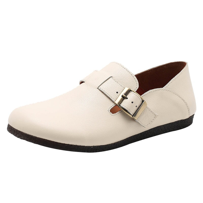 Soft Leather Flat Slip on Loafers for Women Buckle-fastening Monk Shoes in Beige/Apricot/Black