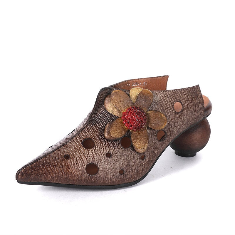 Retro Leather Mules Women Summer Slippers with Flowers in Coffee