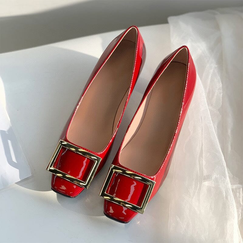 Classic Handmade Leather Block Heel Pumps in Red/Black/White/Khaki Square Button Design