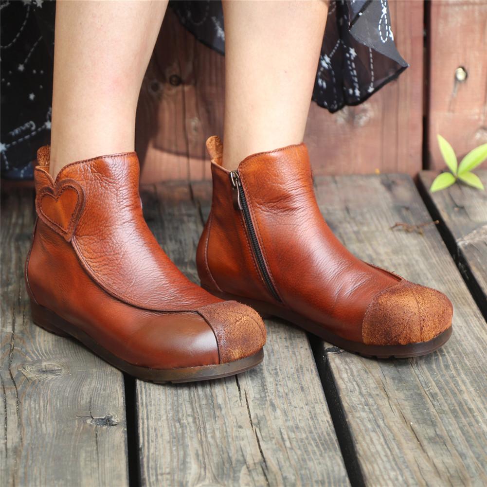 Womens Handmade Leather Short Boots Flat Ankle Boots Original Design Brown/Black