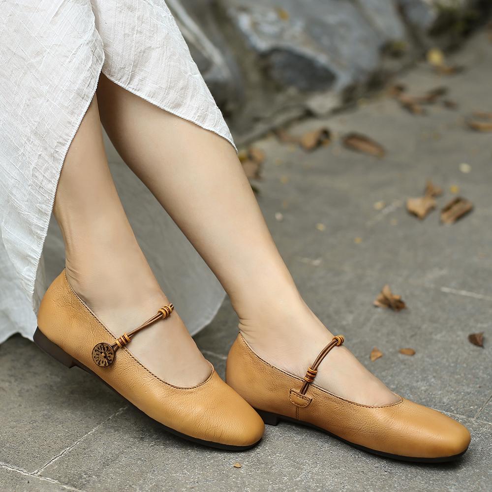 Mary Jane Shoes For Women Handmade Soft Leather Flats Retro Round Toe Designer Shoes Washed Brown/Washed Coffee