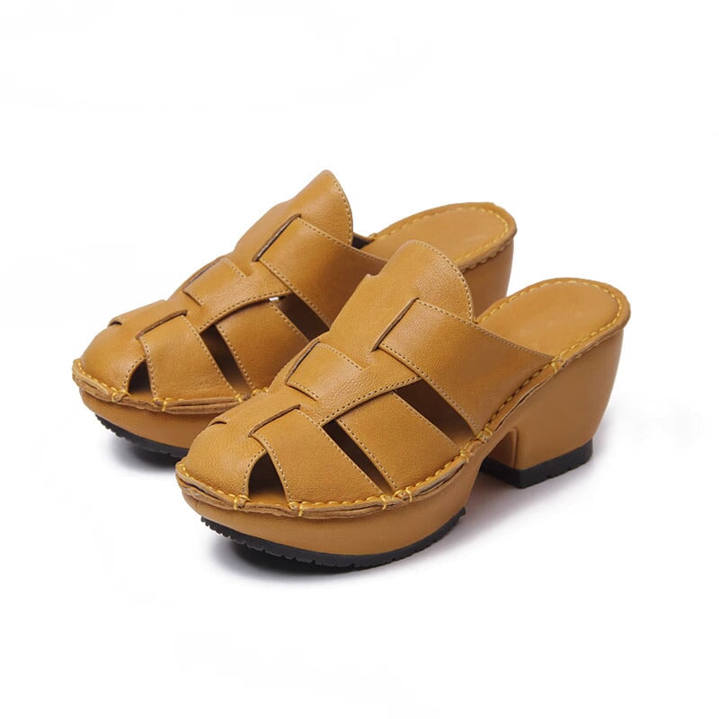 Woven Leather Summer Slippers Block Heel Fishmen Style Mules in Yellow/Black/Beige