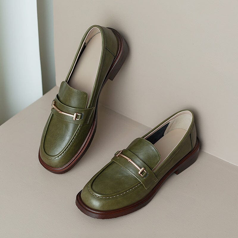 Genuine Leather Loafers For Women Retro Handmade in Black/Green/Brown/Beige