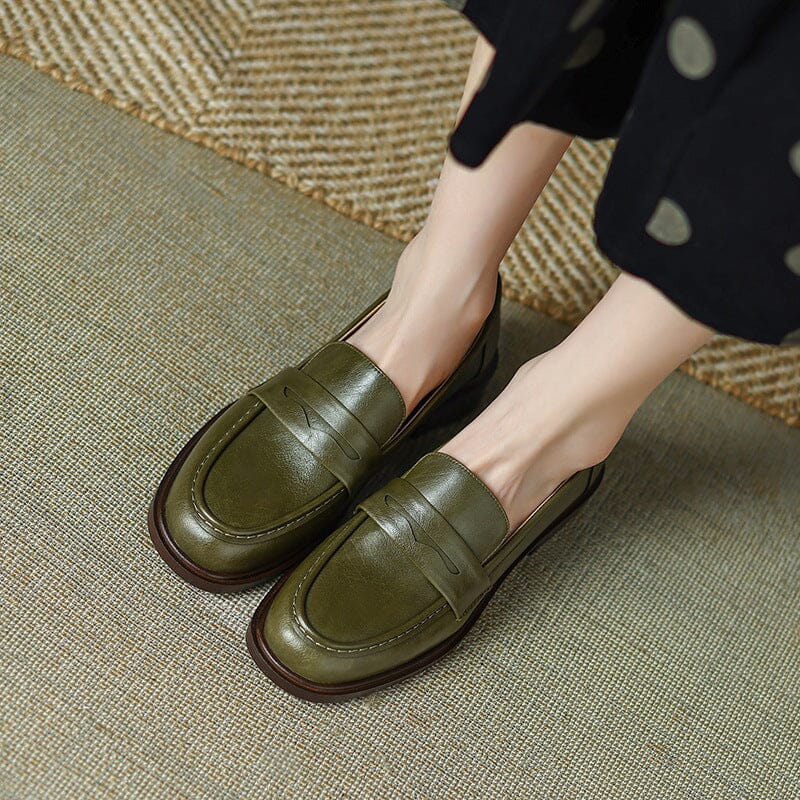 Handmade Cow leather Penny Loafers For Women Retro Block Heel in Green/Black/Beige/Brown