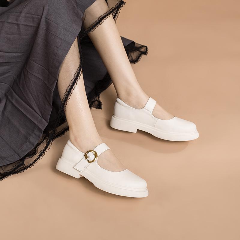 Handmade Leather Flat Mary Jane Shoes For Womens Round Toe White/Brown/Black