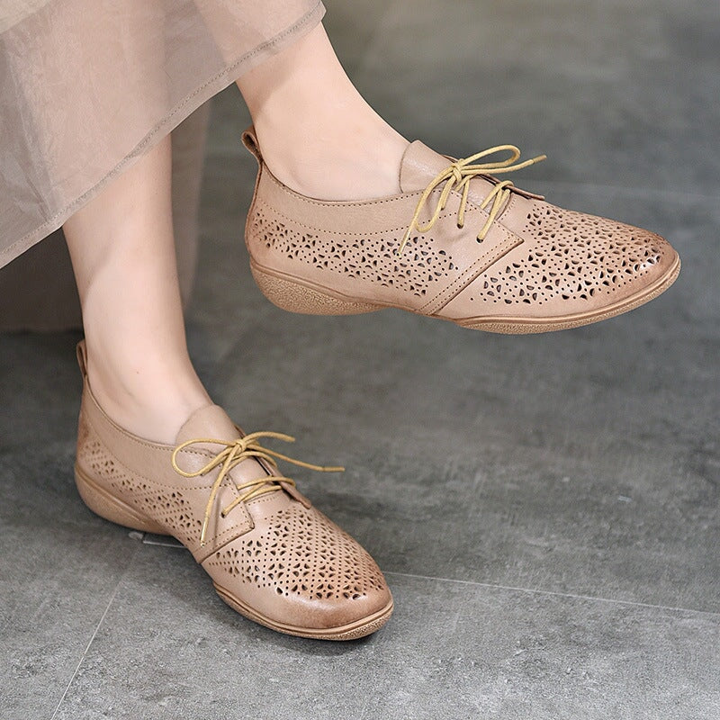 Perforated Design Genuine Leather Lace Up Oxfords for Women Soft Flats Coffee/Apricot