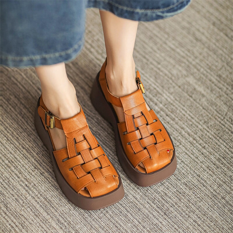 Ankle Strap Block Heel Leather Woven Sandal Gladiator Sandals in Apricot/Yellow