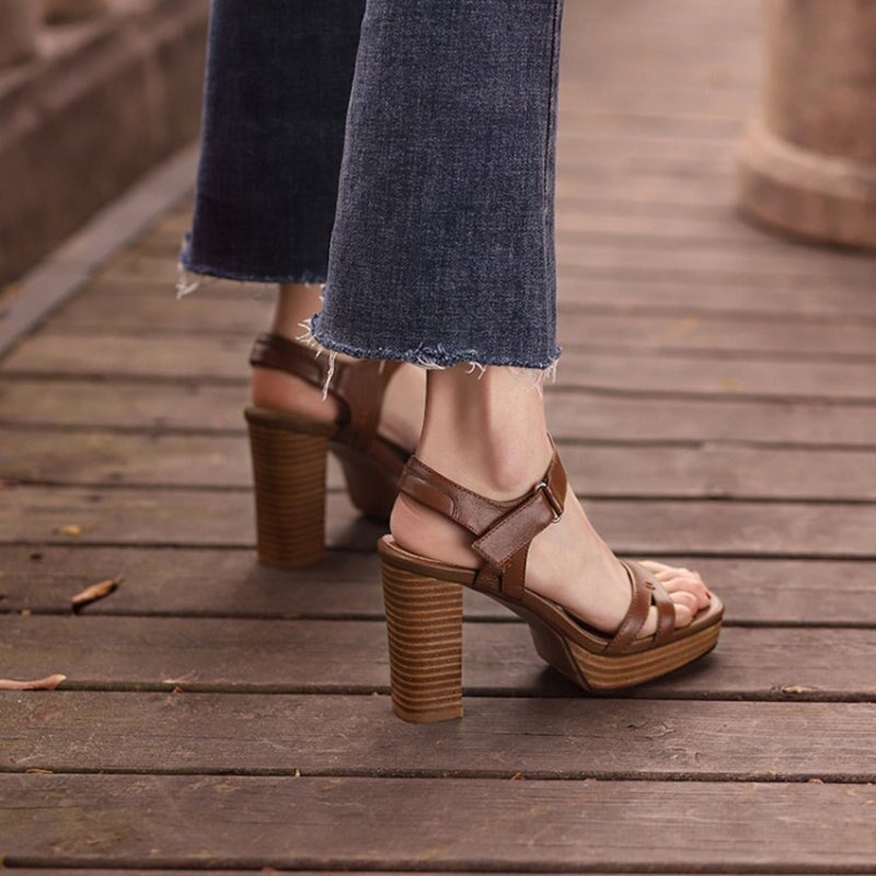 Leather 95mm Block Heel Gladiator Sandals in Black/Brown