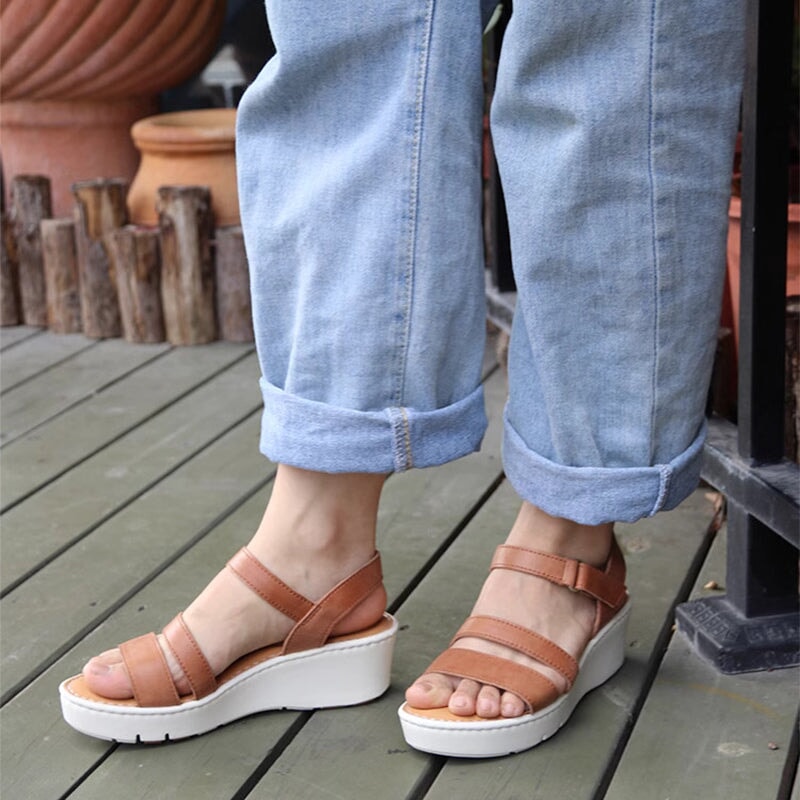 Handmade Leather Double-strap Wedges Sandals in Brown/Apricot- Womens Platform Slingback