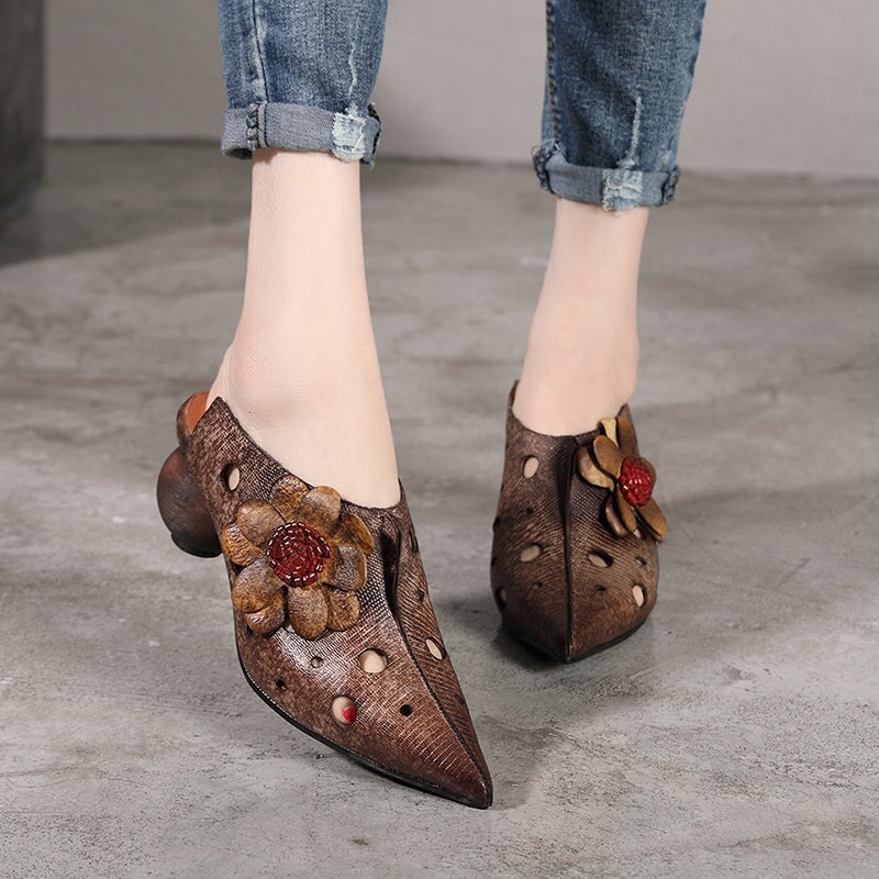 Retro Leather Mules Women Summer Slippers with Flowers in Coffee