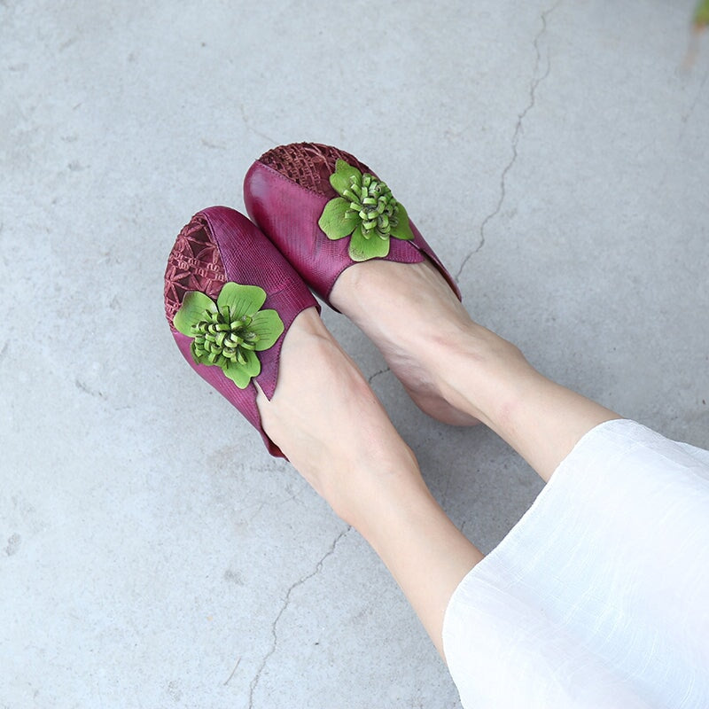 Retro Leather Slippers with Flowers in Purple/Coffee