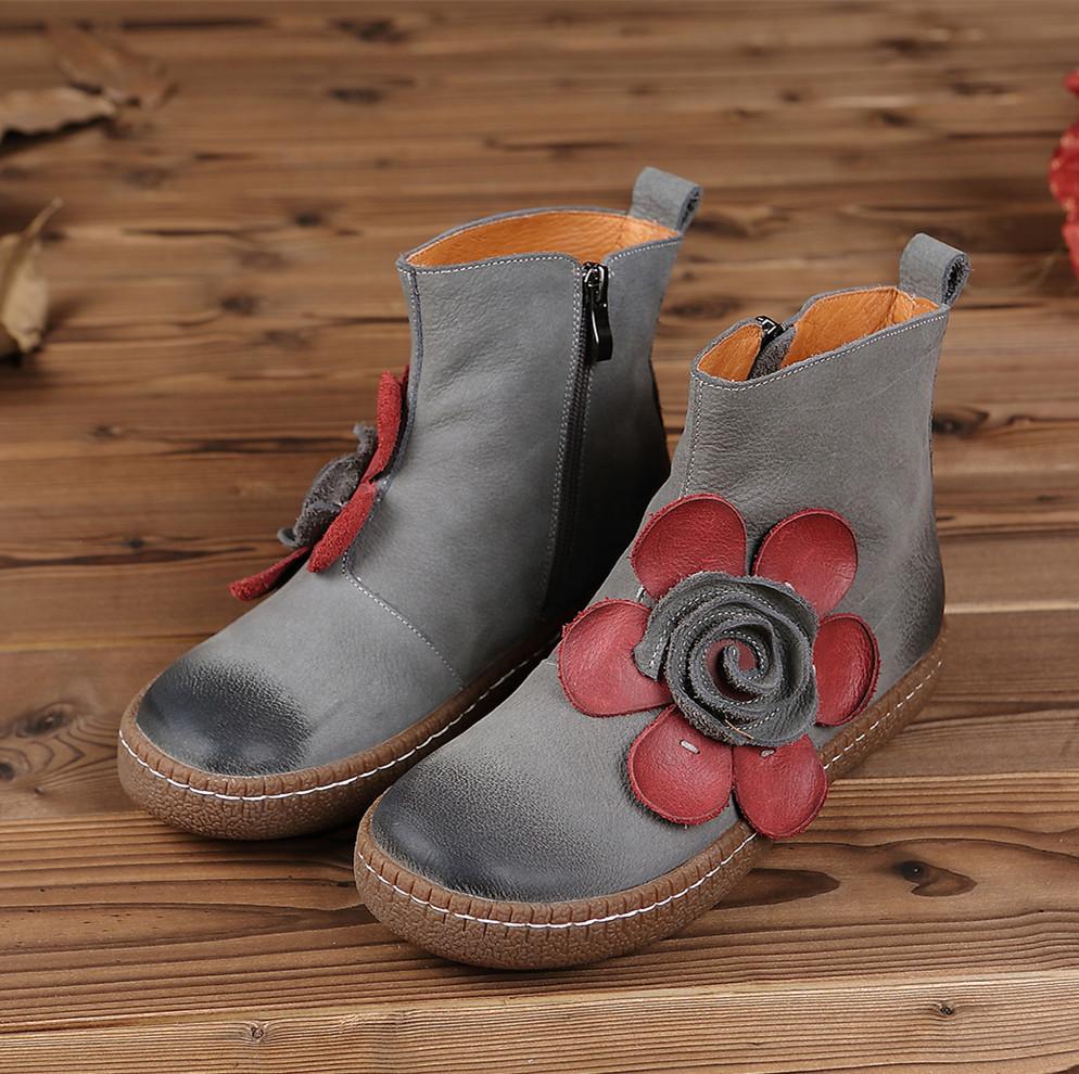 Women'S Genuine Leather Chelsea Boots With Handmade Flowers Gray/Camel