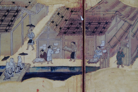 ancient scene of a merchant of japanese paper washi in old Kyoto city during the 16th century showing a shop open on the street and paper making in the backyard