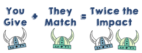 A landscape orientation graphic with a simple word equation. You give + They Match = Twice the Impact. The gift is stylized as the NaNoWriMo viking helmet. 1 helmet + 1 helmet = 2 helmets.