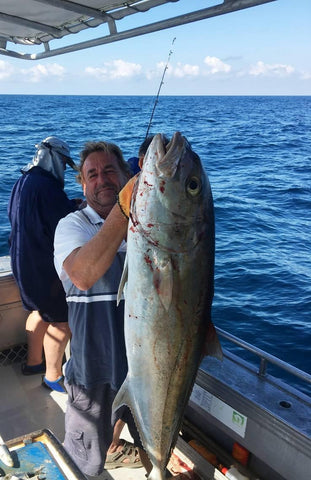 Ed from Keely Rose Fishing Charters getting huge Amberjack on 100 gram knife jigs