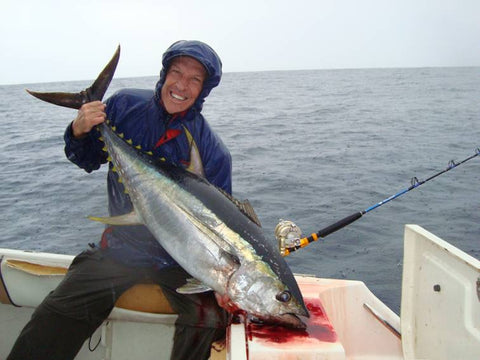 Andy with a Yellowfin Tuna brought in with the bent butt rod