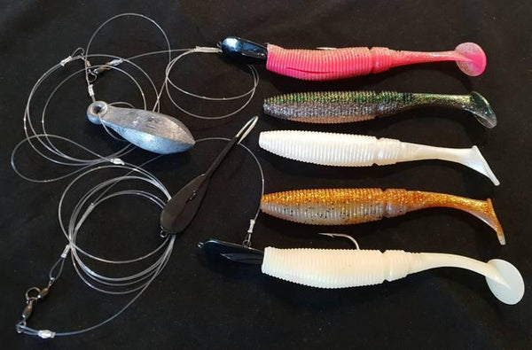 Pre rigged big soft plastics by The Downrigger Shop