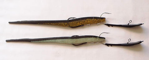 Soft plastics rigged with spoon hook and short shank stinger hook