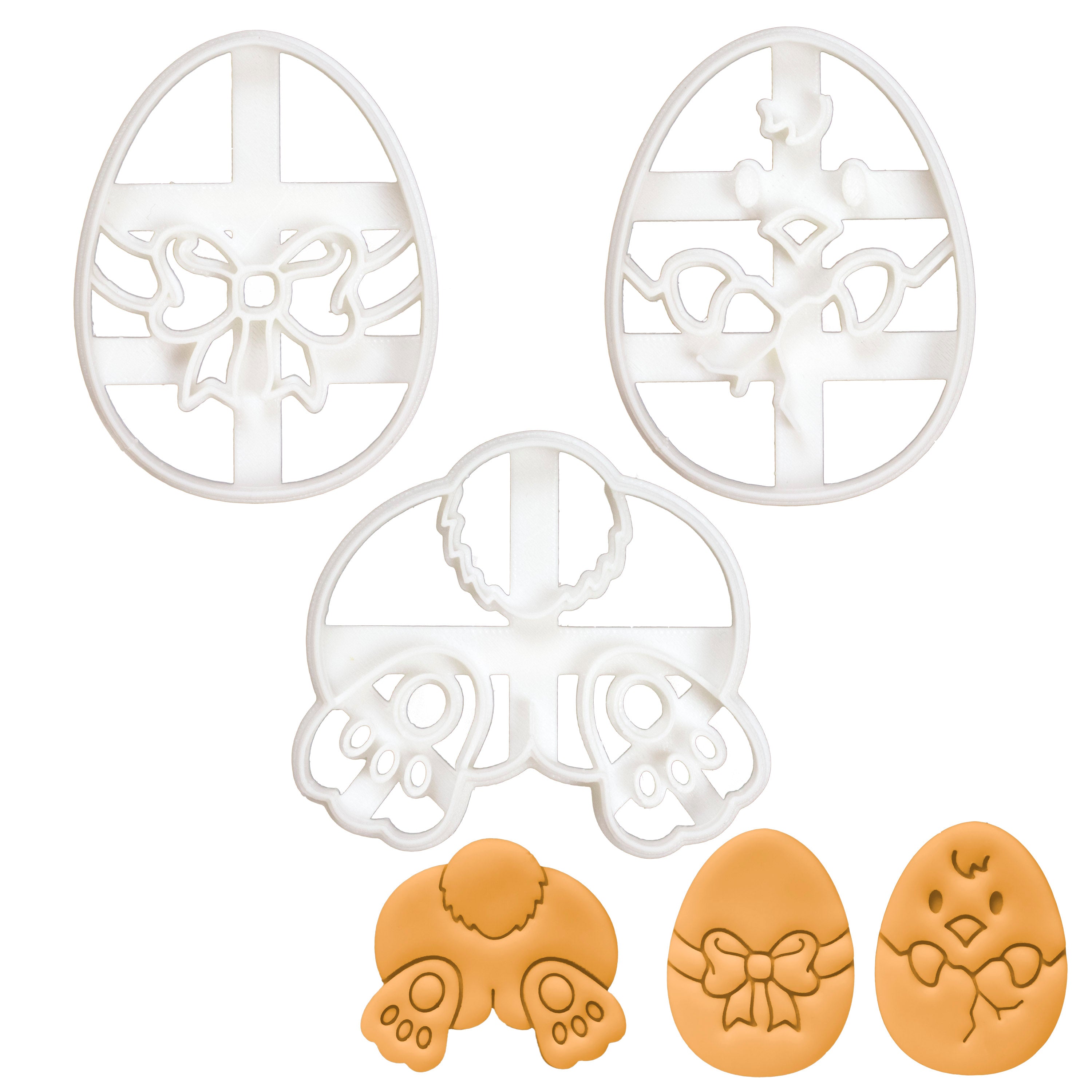 set of 3 easter theme cookie cutters: easter egg, chick, and easter bunny butt