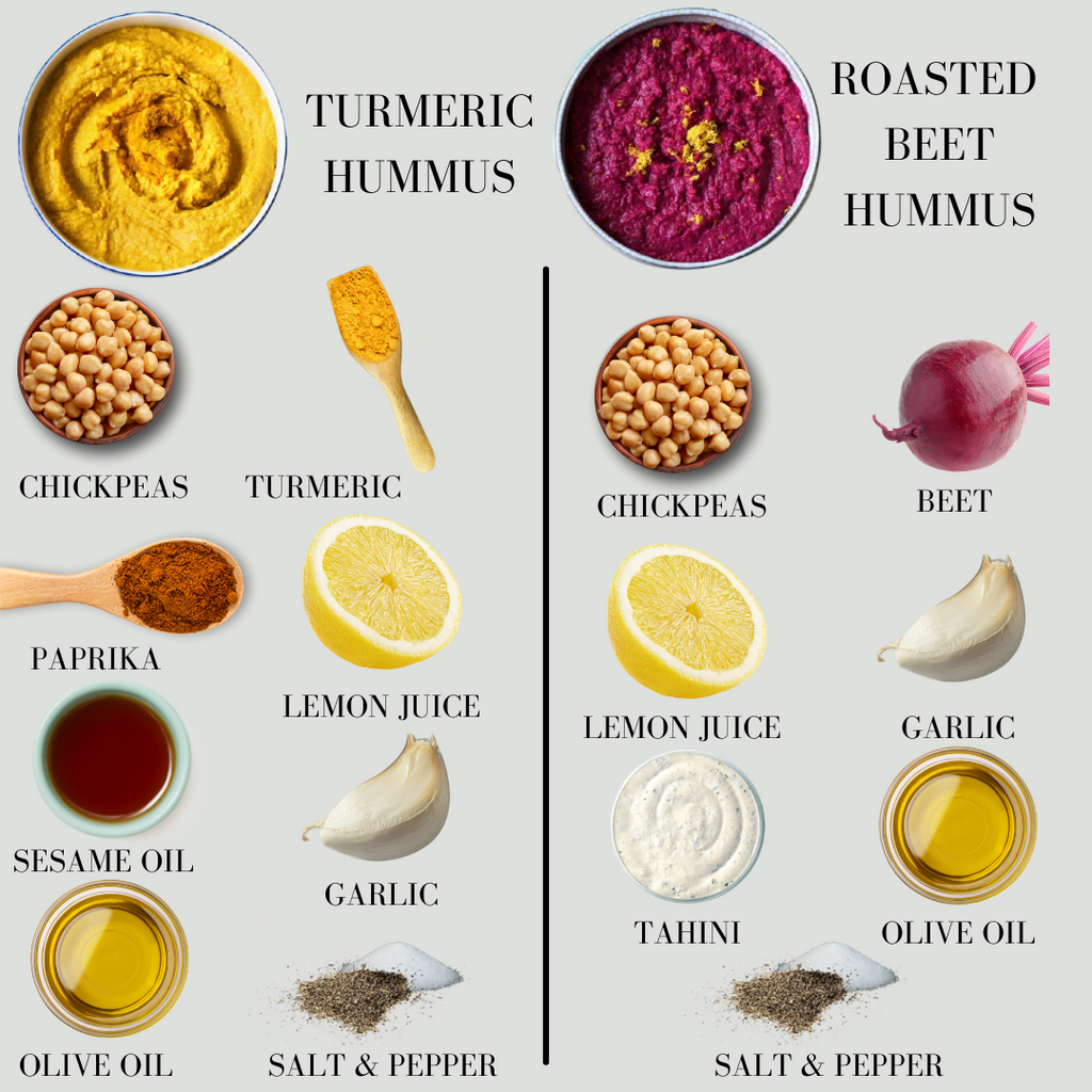 turmeric hummus and roasted beet hummus