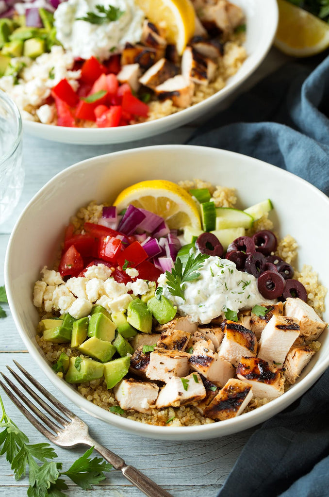 greek power bowl with tzatziki