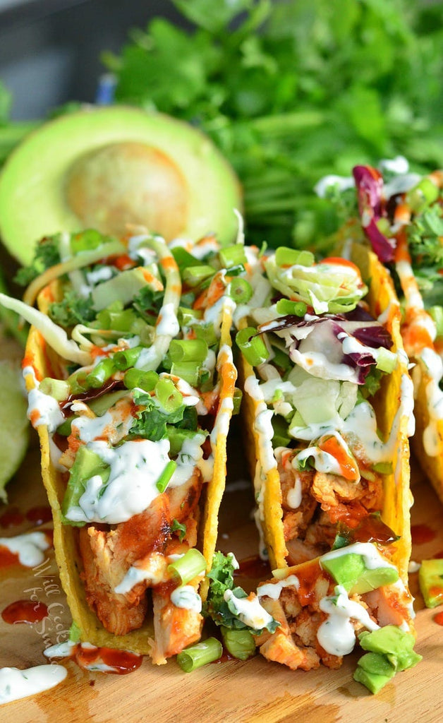 sweet and spicy sriracha chicken tacos