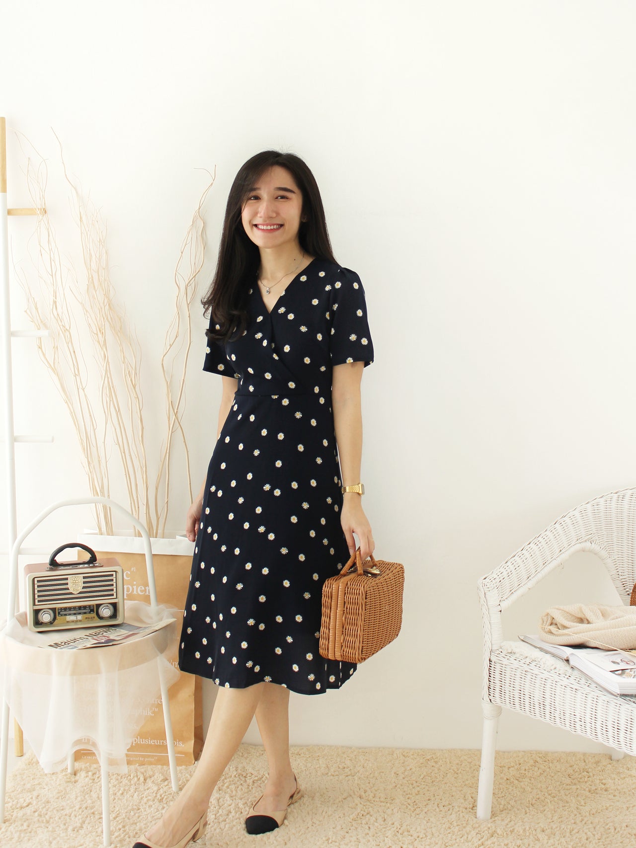 Korean Navy Floral Dress - LovelyMadness Clothing Online Fashion Malaysia