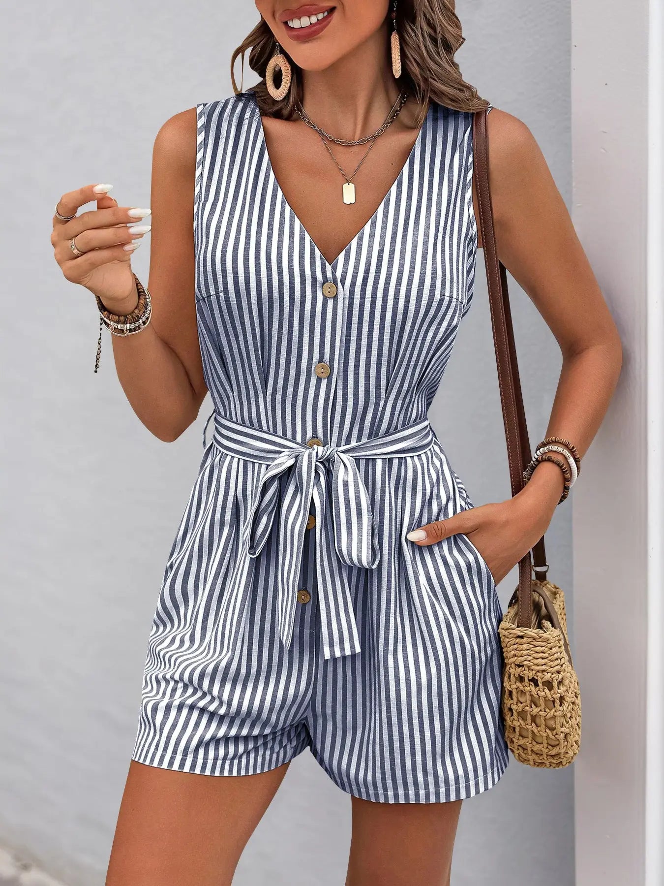 Summer Striped V-Neck Sleeveless One-Piece Shorts