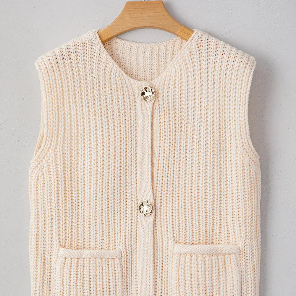 Solid Textured Knit Side Pockets Buttoned Sweater Vest