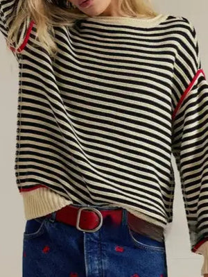 Striped Crewneck Knit Sweater | Loose Fit Pullover - Blush on Central