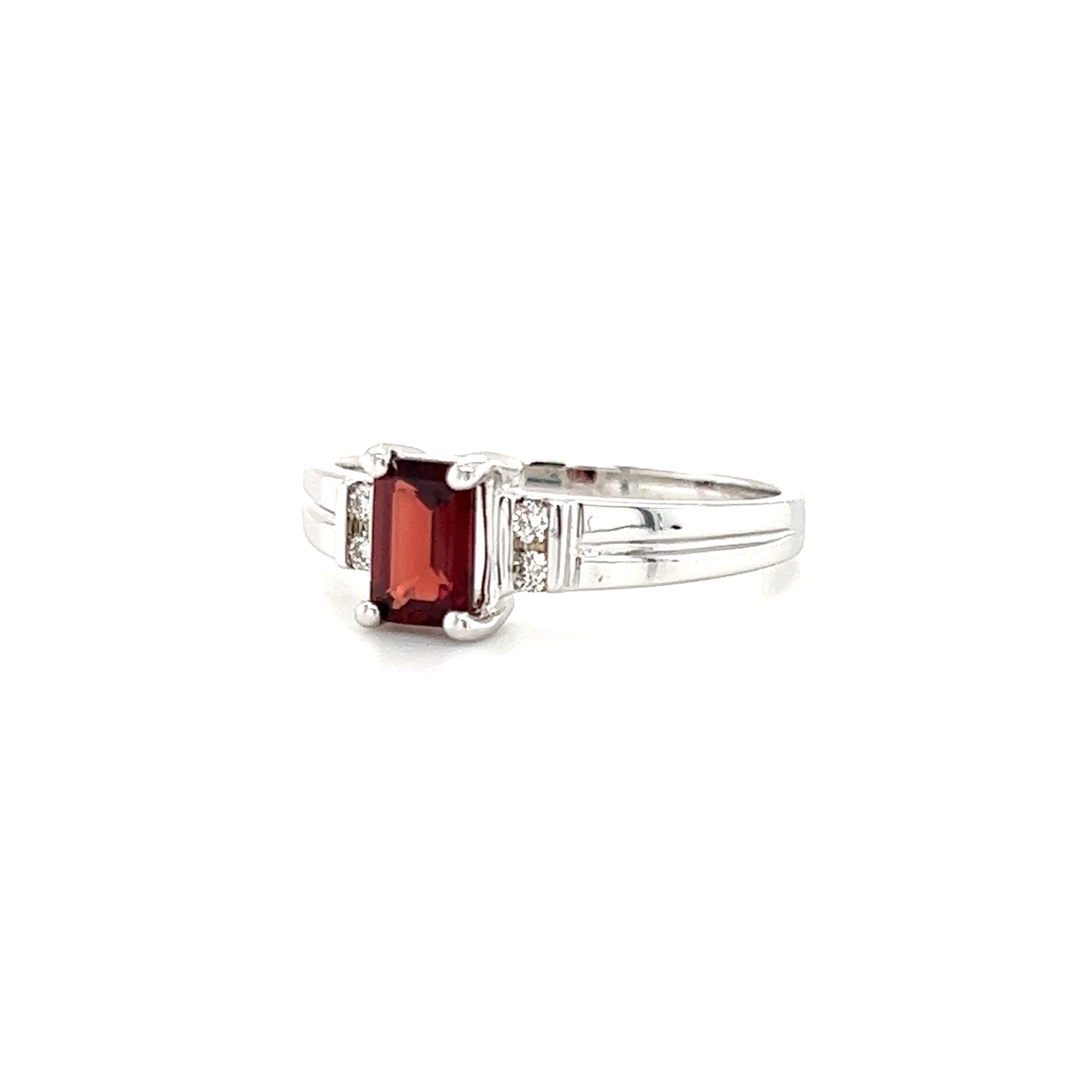 Baguette Garnet Ring with Four Side Diamonds in 14K White Gold Left Side View