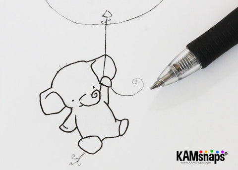 Handmade greeting card with KAM snap fasteners diy tutorial elephant holding balloons trace