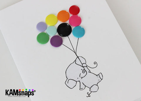 Handmade greeting card with KAM snap fasteners diy tutorial elephant holding balloons hot glue snaps caps