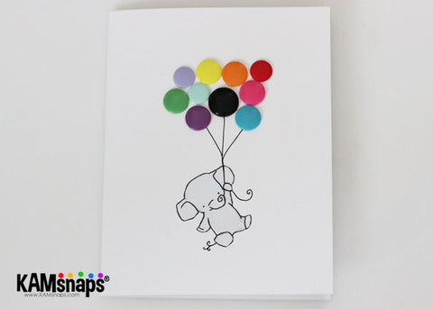 Handmade greeting card with KAM snap fasteners diy tutorial elephant holding balloons colorful snaps